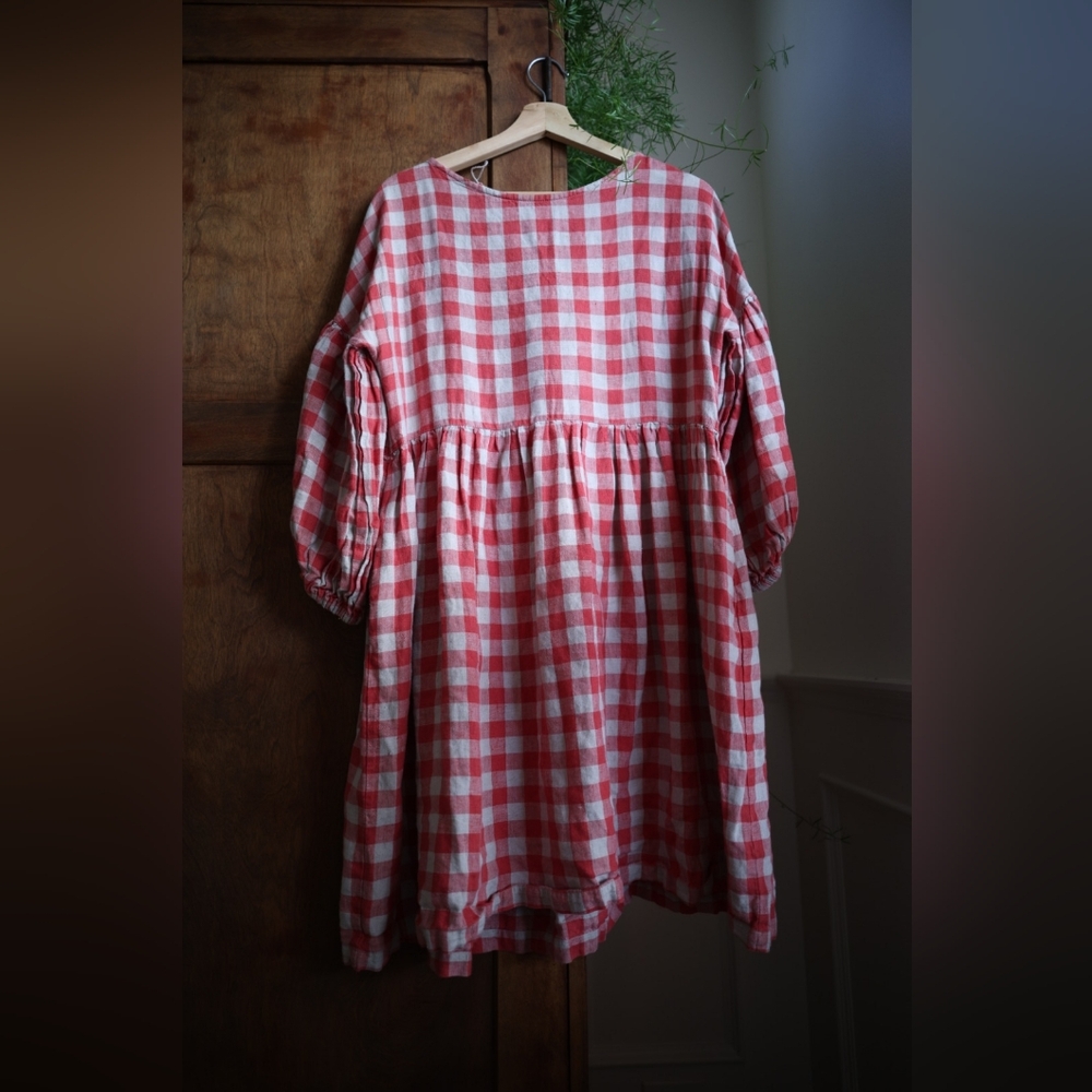 Simply Grey 100% Linen Red Check Dress | XS/S | Oversized Boxy Fit with Pockets